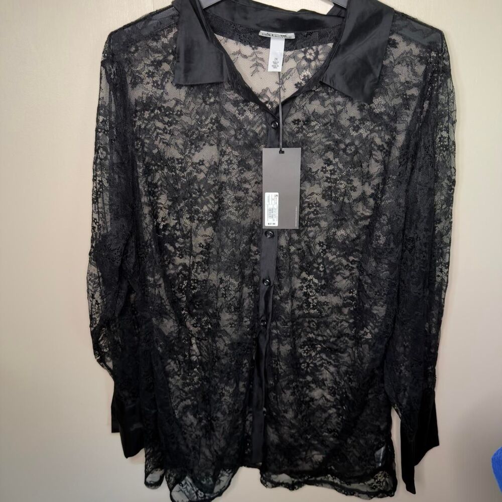 Future Collective Black Sheer Lace Collared Button-Up Blouse  1x and 2X